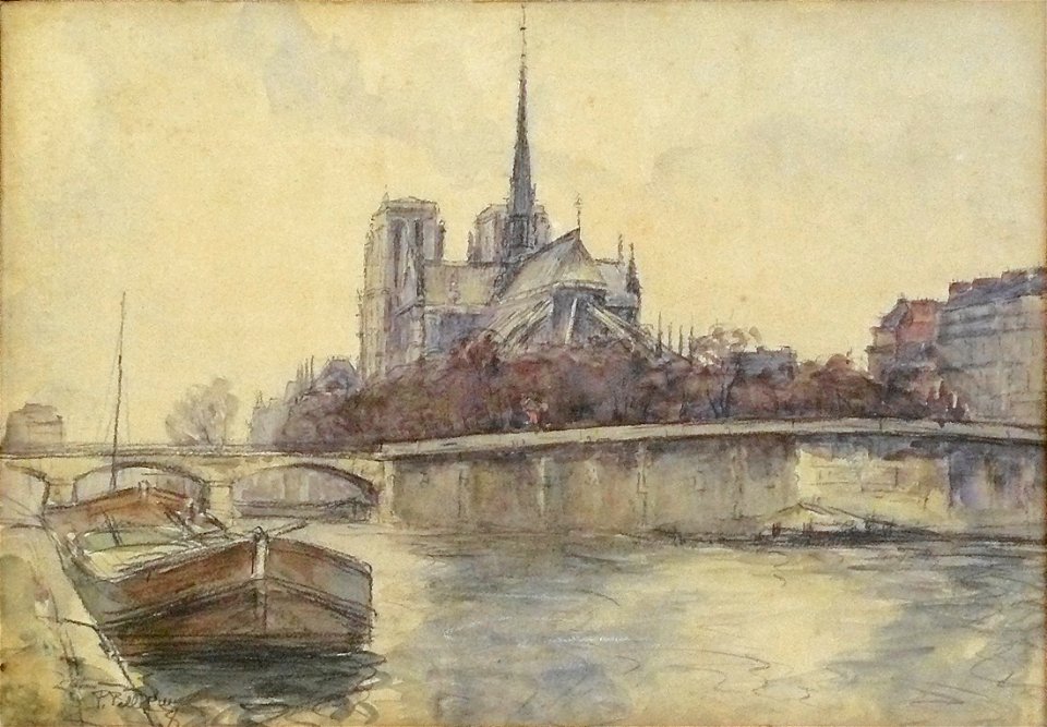 Pelletier P.J. - Watercolor - Vue de Notre-Dame de paris depuis les quais - 31x45cm