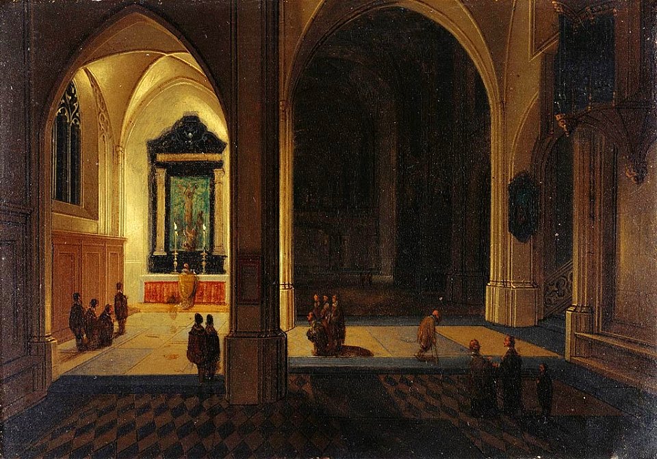 Peeter Neeffs the Elder (Antwerp active 1605 - Antwerp 1656-61) - Interior of a Cathedral by Night - RCIN 400681 - Royal Collection