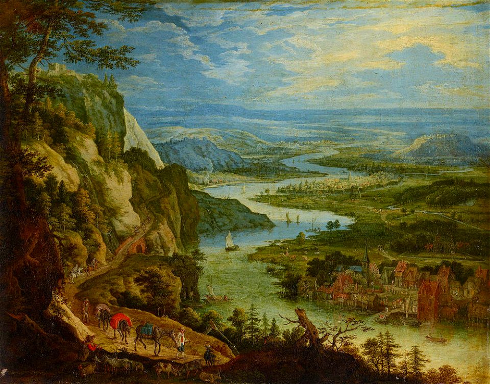 Peeter Gijsels - Rocky river valley with a village with a church