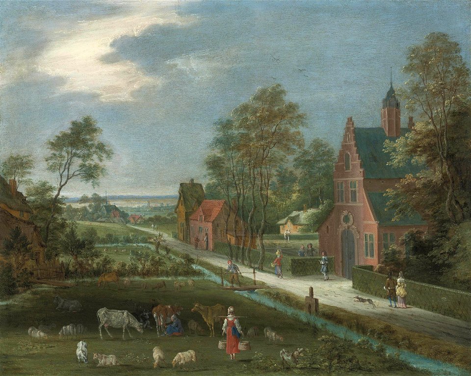 Peeter Gysels - Village landscape with a milkmaid, cattle and other figures