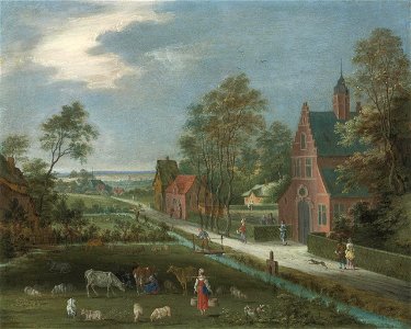 Peeter Gysels - Village landscape with a milkmaid, cattle and other figures. Free illustration for personal and commercial use.