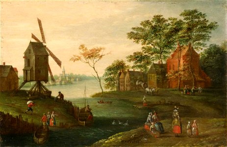 Peeter Gijsels - River landscape with windmill. Free illustration for personal and commercial use.