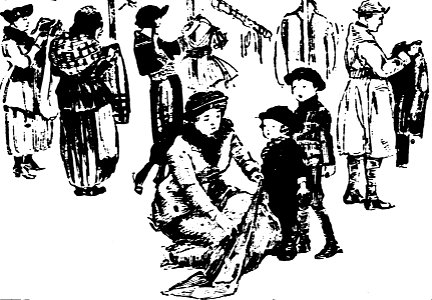 People looking over goods in a second-hand shop as sketched by Marguerite Martyn in 1920