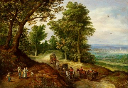 Peeter Gijsels - Landscape with figures and carriages. Free illustration for personal and commercial use.