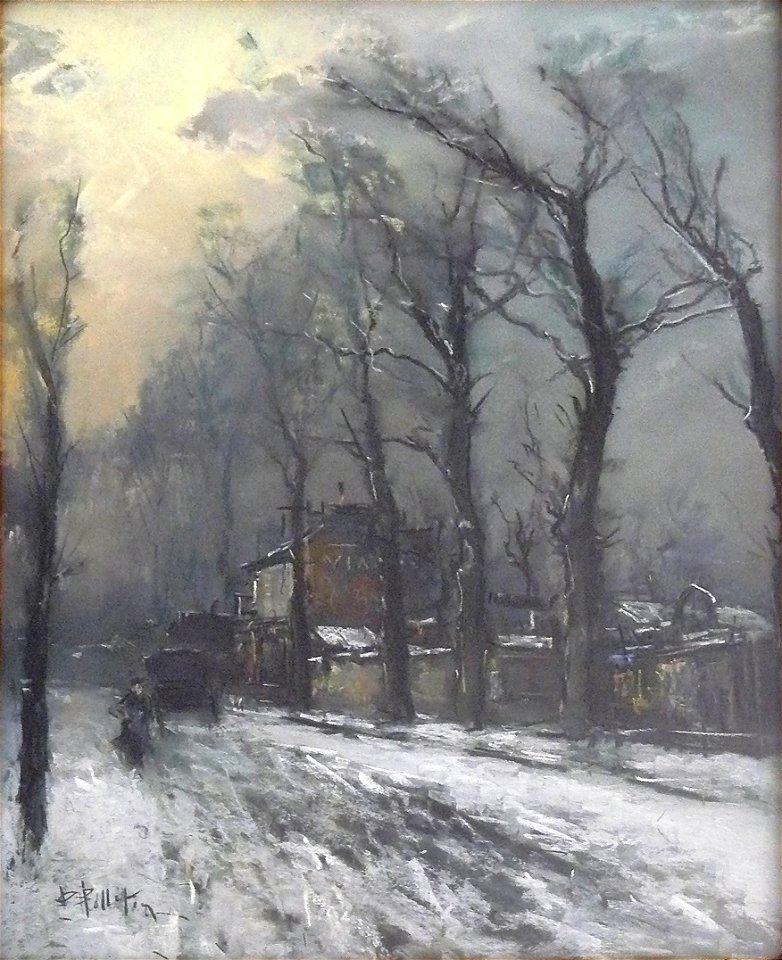 Pelletier P.J. - Pastel - Une route enneigée, à Paris ou en banlieue parisienne - 46x60cm