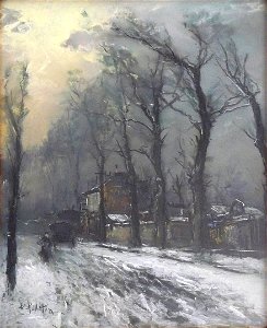 Pelletier P.J. - Pastel - Une route enneigée, à Paris ou en banlieue parisienne - 46x60cm