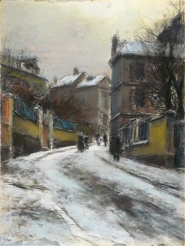 Pelletier P.J. - Pastel - Rue enneigée à Montmartre - ~61x45,5cm