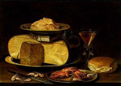 Clara Peeters - Cheesestack with knife shrimp crawfish glass of wine and bread. Free illustration for personal and commercial use.