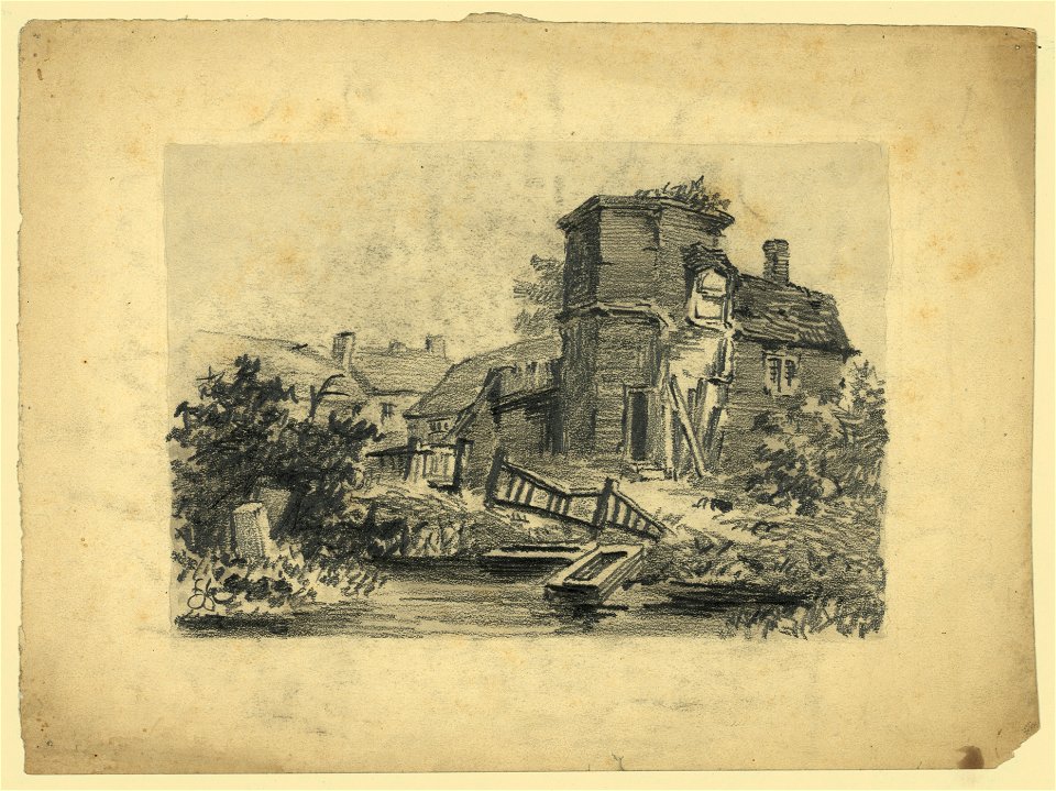 Pencil drawing - shack near stream LCCN2004661687