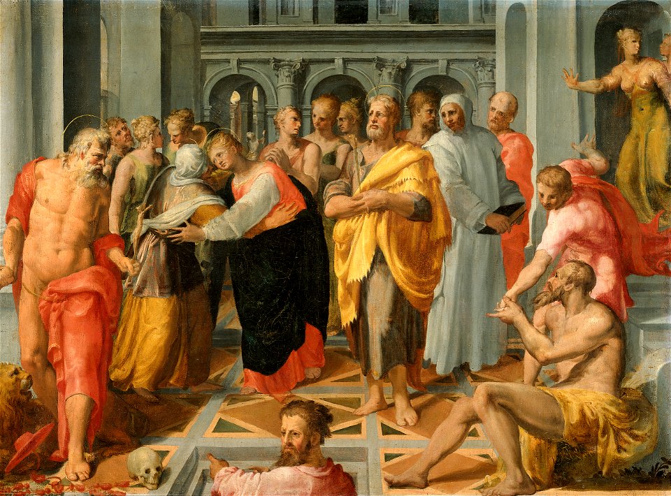 Pellegrino Tibaldi - De ontmoeting van Maria en Elisabeth in aanwezigheid van de heilige Hieronymus, de heilige Jozef en andere personen
