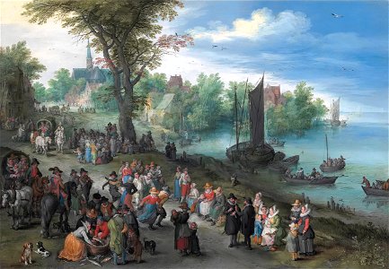 People dancing on a river bank by Jan Brueghel the elder. Free illustration for personal and commercial use.