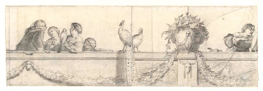 Personen op een balustrade met festoenen