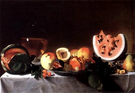 Pensionante Del Saraceni - Still-Life with Fruit and a Carafe of White Wine - WGA17158. Free illustration for personal and commercial use.