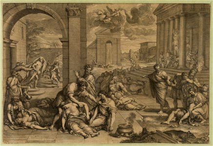 People suffering from plague outside temple LCCN2003679929