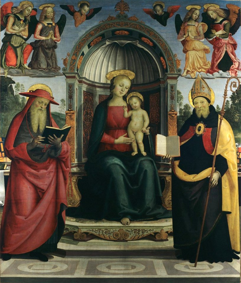 Perugino - Vierge à l'Enfant sur le trône entre saint Jérôme, saint Augustin, quatre anges et deux chérubins, Bx E 22