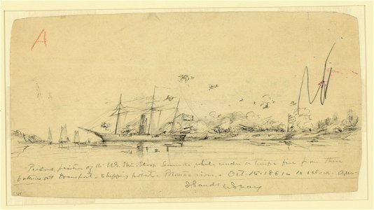 Perilous position of the U.S. Steam Sloop Seminole, while under a terrific fire from three batteries at Evansport shipping point, Potomac river, Oct. 15, 1861-10 oclock A.M. LCCN2004661367