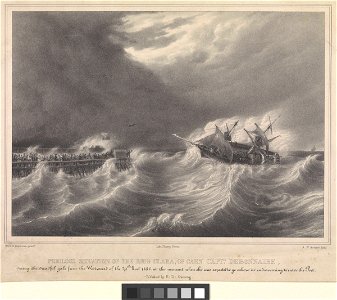 Perilous situation of the brig Clara, of Caen, Captn. Debonnaire, during the dreadful gale from the Westward of the 29th Nov, 1836, at the moment when she was expected to go ashore in endeavouring to enter the Port RMG PW7727