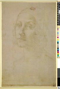 Perugino - Head and shoulders of a young woman wearing a cap, turned slightly to left, with long curling hair, Pp,1.26