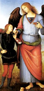 Perugino archangel raphael with tobias c 1500. Free illustration for personal and commercial use.