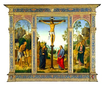 Perugino - The Crucifixion with the Virgin, Saints John, Jerome, and Mary Magdalene - Galitzin-Triptych. Free illustration for personal and commercial use.