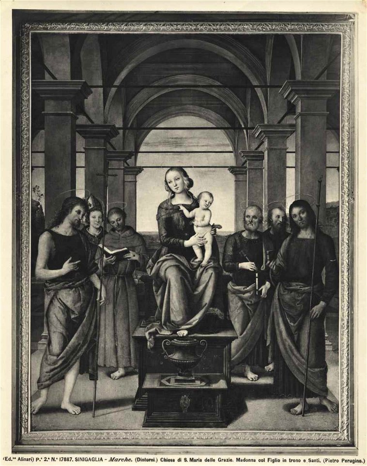 Perugino - Madonna con Bambino in trono tra san Giovanni Battista, san Ludovico di Tolosa, san Francesco d'Assisi, san Pietro, san Paolo, san Giacomo Maggiore, Chiesa di S. Maria delle Grazie