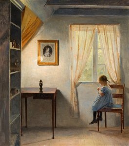 Peter Ilsted, En lille pige der syr, ca 1900, RKMm0084, Ribe Kunstmuseum. Free illustration for personal and commercial use.