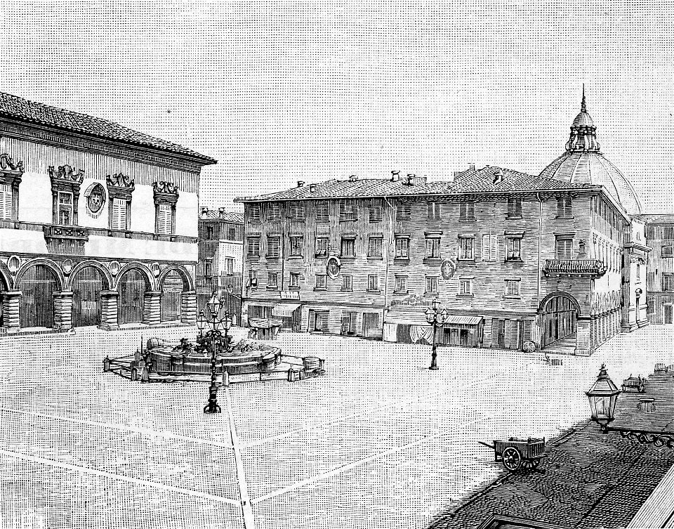 Pesaro Palazzo municipale, Prefettura e piazza Vittorio Emanuele (xilografia)