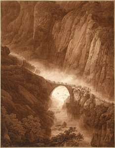 Peter Birmann - The Devil's Bridge in the Schöllenen Gorge on the Way across the St. Gotthard Pass with a Mule Train, before 1805 - Google Art Project. Free illustration for personal and commercial use.