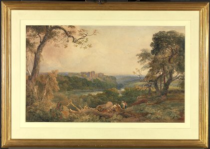 Peter DeWint - Castle above a River, Woodcutters in the Foreground - Google Art Project