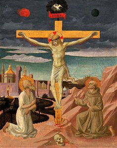 Pesellino, Christ on the Cross, Adored by Saint Jerome and Saint Francis. Free illustration for personal and commercial use.