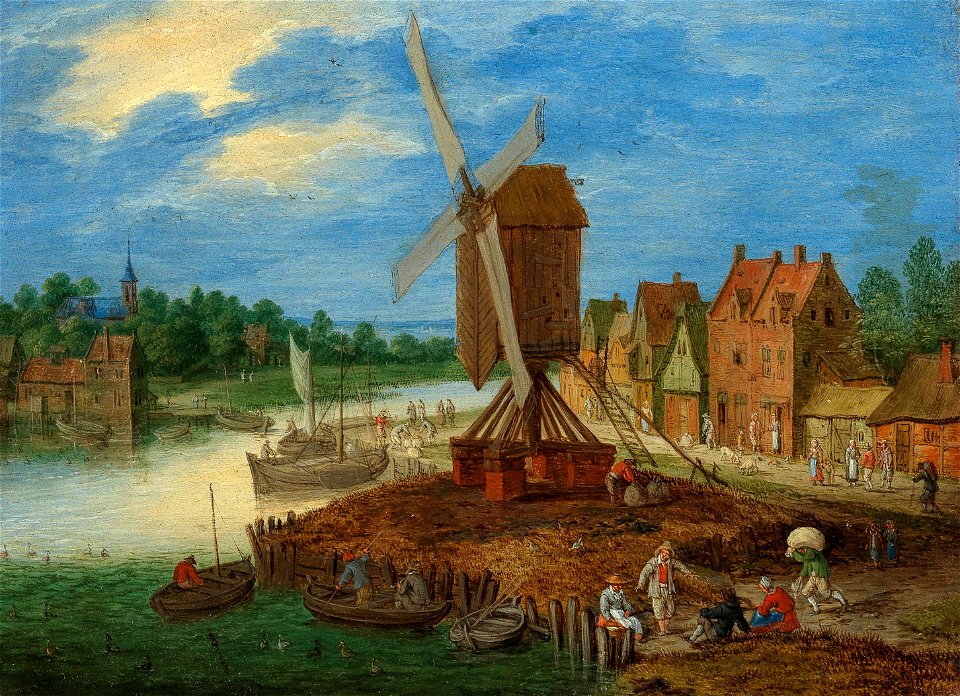 Peter Gijsels Figuren in Flusslandschaft mit Dorf und Windmühle