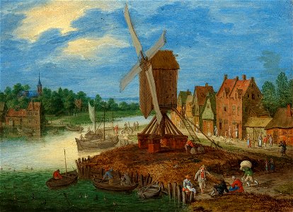 Peter Gijsels Figuren in Flusslandschaft mit Dorf und Windmühle