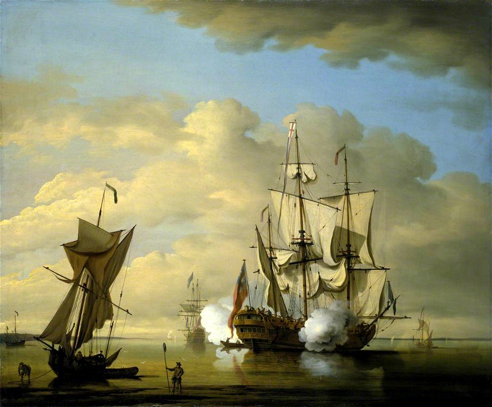 Peter Monamy (1681-1749) - A Man-of-War Firing a Gun at Sundown - BHC1003 - Royal Museums Greenwich