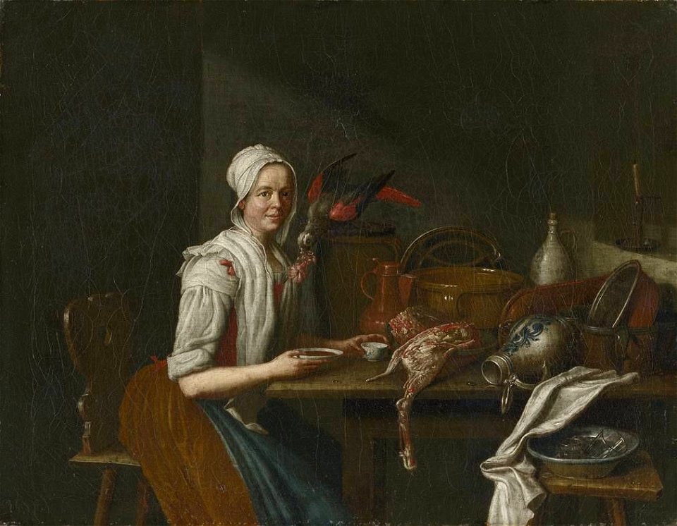 Peter Jacob Horemans - Küchenstillleben mit weiblicher Figur und Papagei - 2957 - Bavarian State Painting Collections