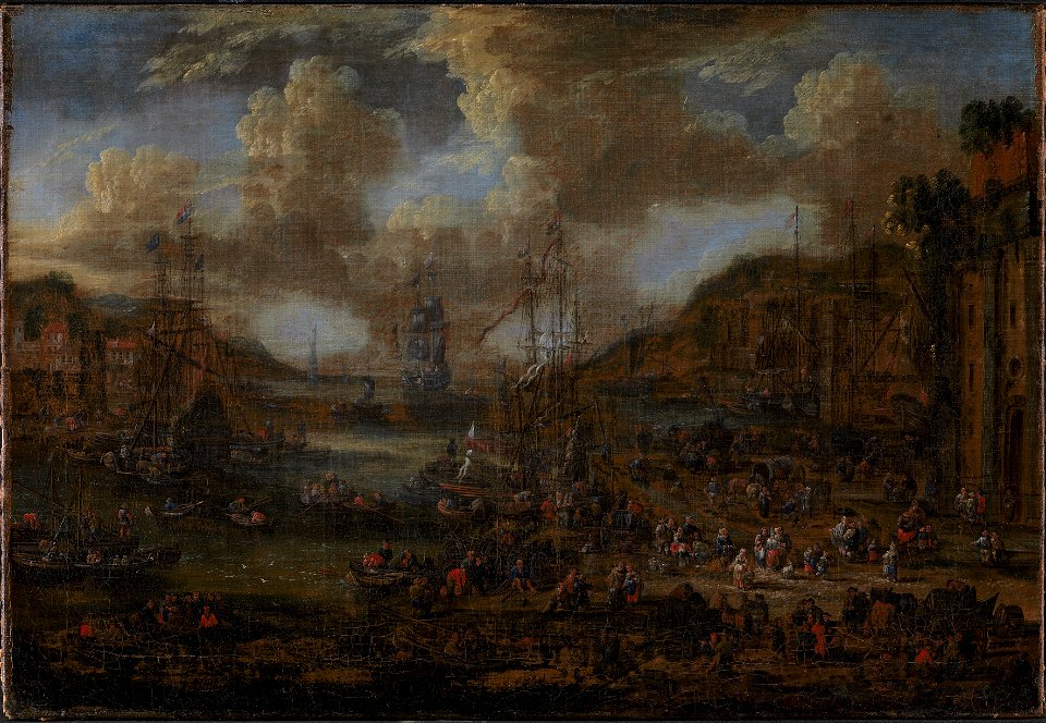 Peter II Casteels - Sounthern Seaport with Numerous Figures on the Shore - KMS1861 - Statens Museum for Kunst