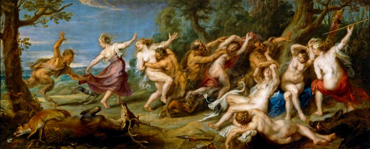 Peter Paul Rubens - Diana and her Nymphs Surprised by the Fauns (Prado). Free illustration for personal and commercial use.