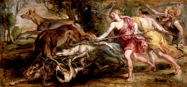 Peter Paul Rubens - Diana and her Nymphs, Hunting (1636). Free illustration for personal and commercial use.