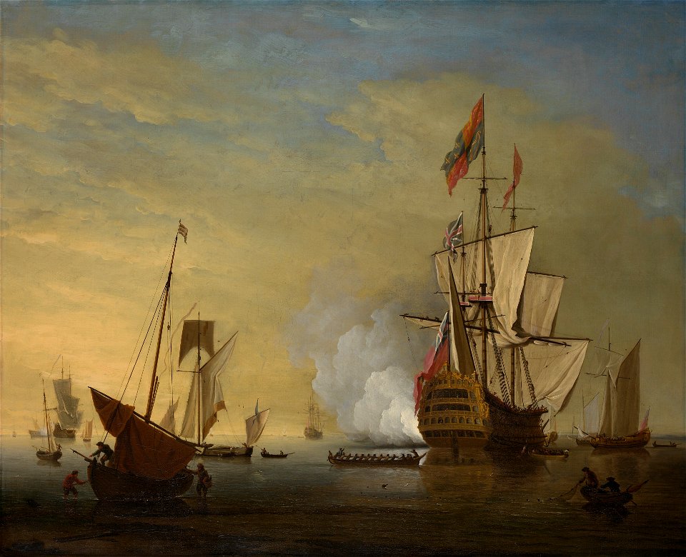 Peter Monamy (attrib.) - Harbor scene. An English ship with sails loosened firing a gun