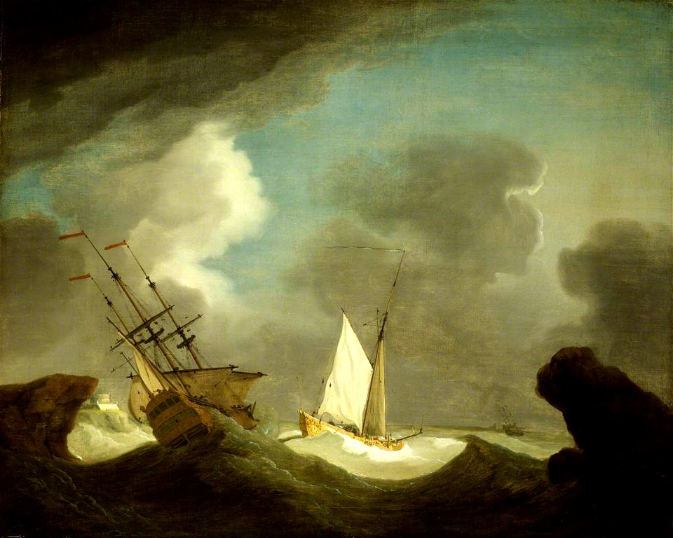 Peter Monamy (1681-1749) - An Indiaman and a Royal Yacht in a Storm off a Rocky Coast with a Castle - BHC1012 - Royal Museums Greenwich