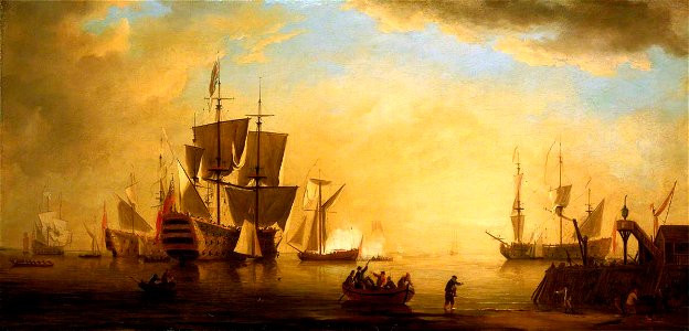 Peter Monamy (1681-1749) - An English Flagship and Other Vessels Becalmed at Sun Down - BHC1010 - Royal Museums Greenwich