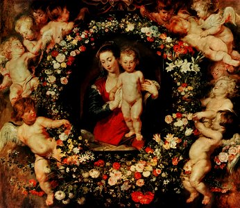Peter Paul Rubens & Jan Brueghel de Oude - Madonna in een bloemenkrans. Free illustration for personal and commercial use.