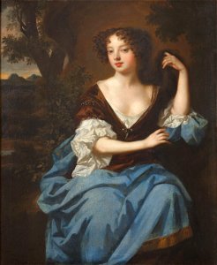 Peter Lely - Louise Renée de Kérouaille in a brown dress and blue cloak