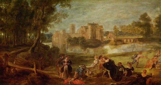 Peter Paul Rubens - Parklandschap met minnekozend gezelschap, in de verte een door water omgeven kasteel - GG 696 - Kunsthistorisches Museum