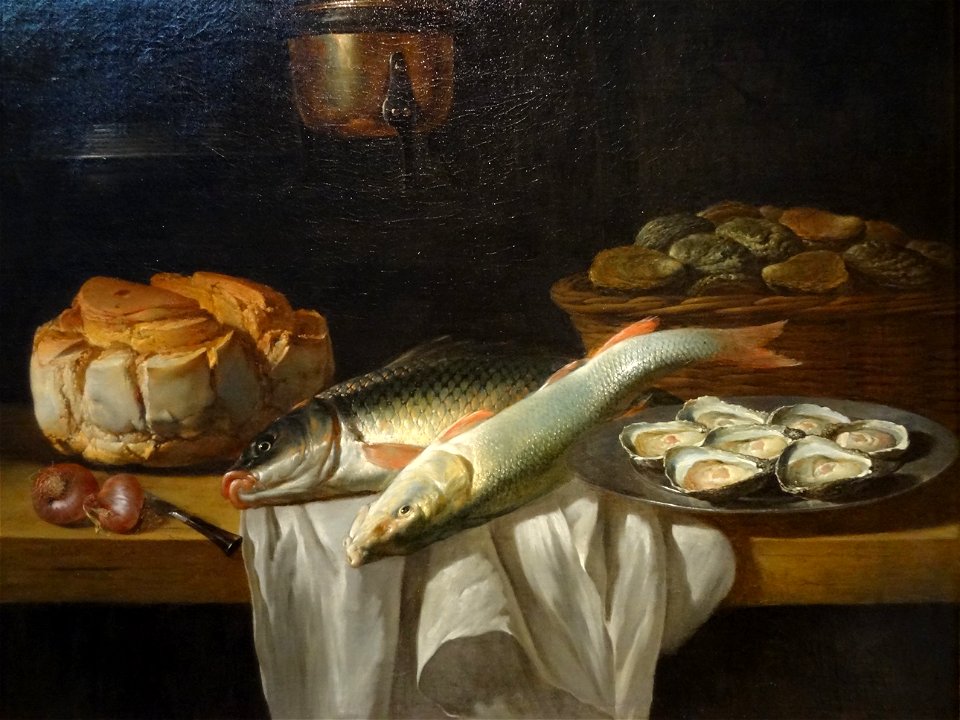 Peter van Boucle – Still life with bread, fish and oysters