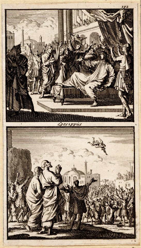 Petrus omgeven door een juichende menigte heeft een dode tot leven gewekt, Simon de tovenaar tracht te vliegen, objectnr A 48180