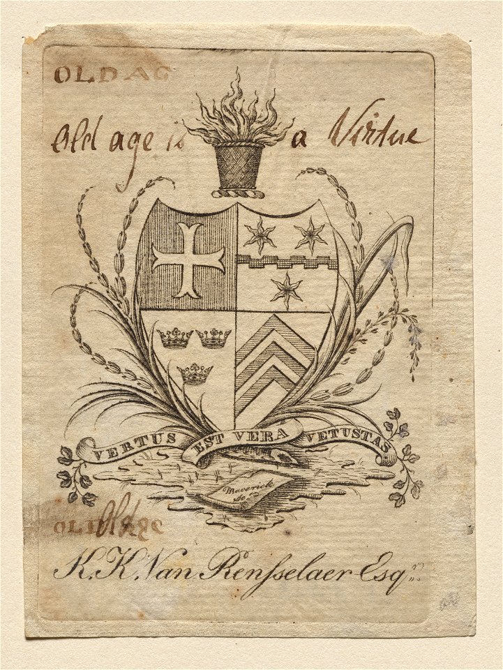 Peter Rushton Maverick (American, 1755-1811) - Bookplate, Coat of Arms with K. K. Van Rensselaer, Esq. inscribed below - 1918.152 - Cleveland Museum of Art