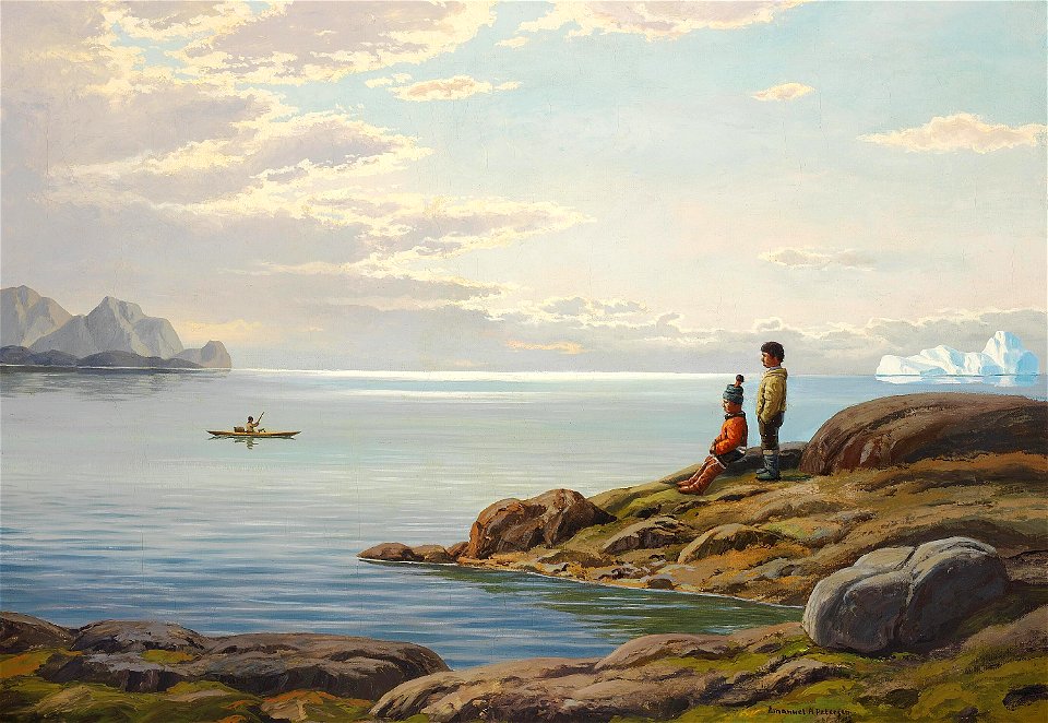 Emanuel A. Petersen - Parti fra Godthåbsfjorden med to børn og en kajakroer, sommer