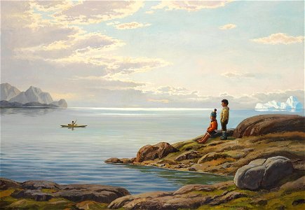 Emanuel A. Petersen - Parti fra Godthåbsfjorden med to børn og en kajakroer, sommer