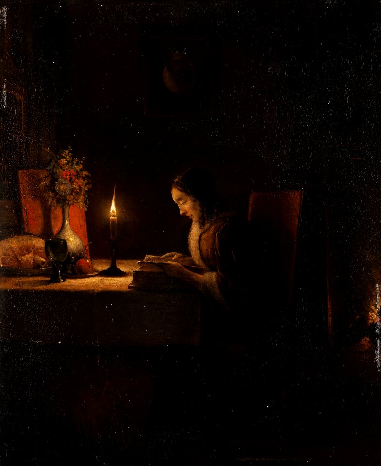 Petrus van Schendel Lektüre bei Kerzenlicht. Free illustration for personal and commercial use.