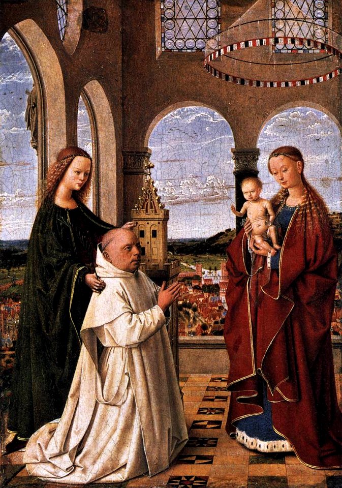 Petrus christus, madonna col bambino, santa e un monaco donatore